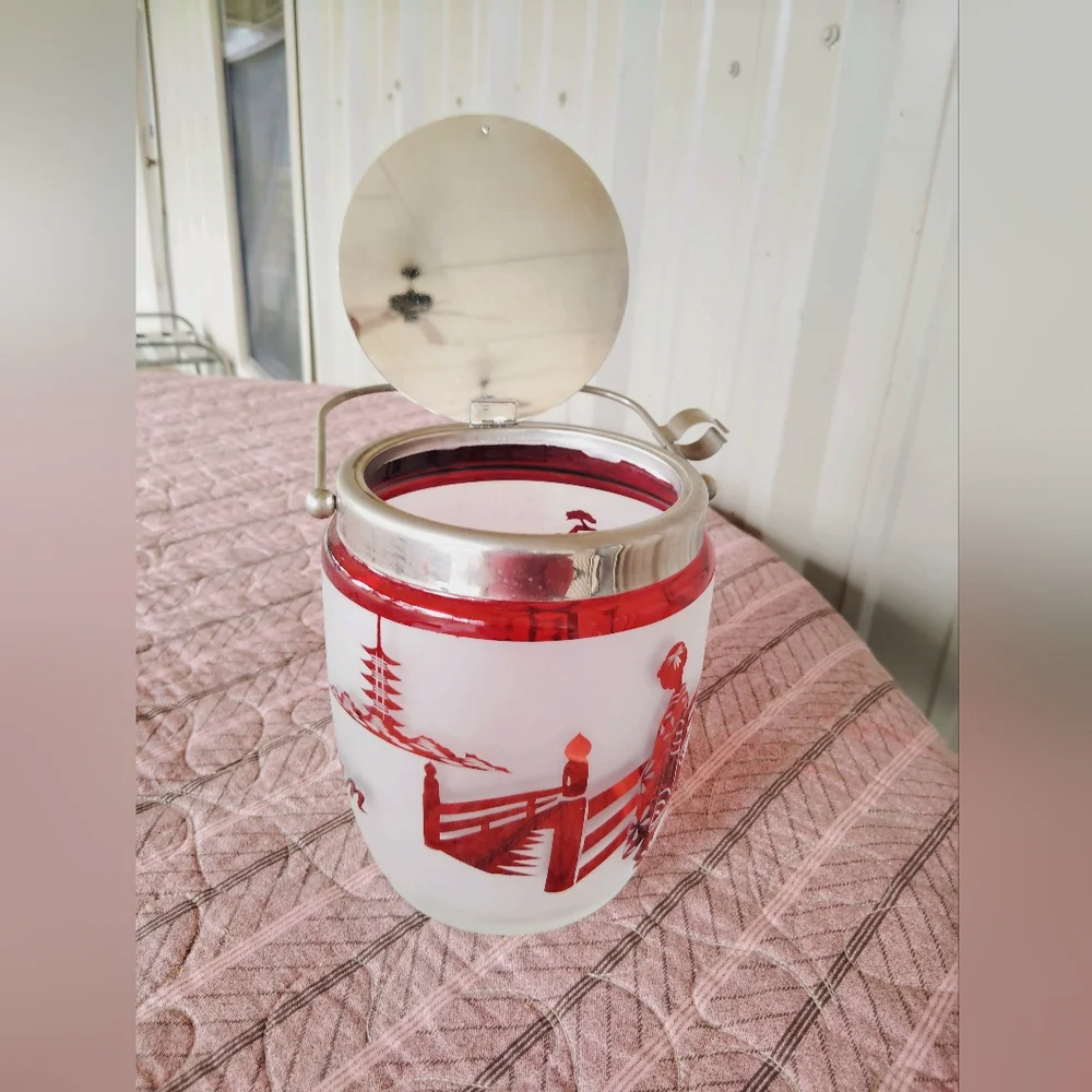 Vintage MCM Noritake Frosted Ruby Red Ice Bucket & Tongs Japan Asian Barware Bar